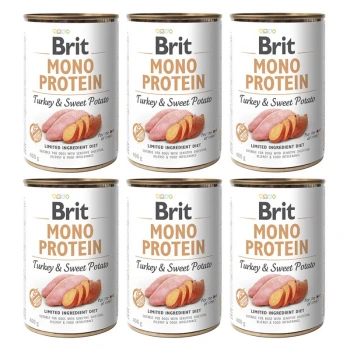 Sześć puszek karmy dla psów Brit Mono Protein, z indykiem i słodkimi ziemniakami, oznaczone jako dieta z ograniczonymi składnikami, odpowiednia dla psów z wrażliwościami.