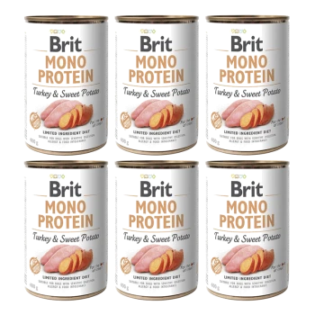 Sechs Dosen Brit Mono Protein Hundefutter mit Truthahn und Süßkartoffel, gekennzeichnet als Diät mit begrenzten Zutaten, geeignet für Hunde mit Empfindlichkeiten.