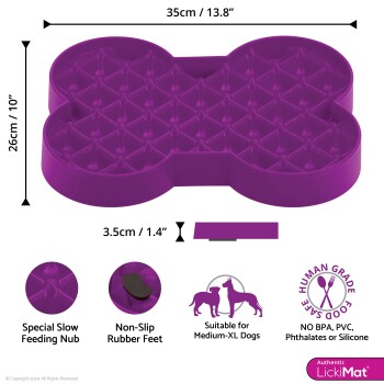 Lila, knochenförmige Slow-Feeder-Matte für mittelgroße bis XL-Hunde, 35x26 cm, rutschfeste Gummifüße, BPA-frei, lebensmittelecht.
