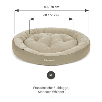 Hundebett geeignet für Rassen wie Französische Bulldogge und Malteser, mit einer Länge von 60 cm und einer Breite von 50 cm.