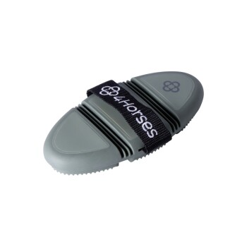 Ein graues Pflegewerkzeug für Pferde mit einem schwarzen Riemen, der mit "4 Horses" beschriftet ist, mit einer strukturierten Oberfläche für effektives Bürsten.