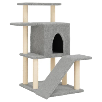 Grauer Katzenbaum mit mehreren Ebenen, einem gemütlichen Versteck und einer Rampe für einfachen Zugang. Ideal zum Klettern und Ausruhen.