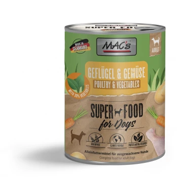 Nassfutter Hund Adult Geflügel und Gemüse 6x800 g Dosen-Hundefutter, beschriftet 'MAC's Super Food for Dogs', mit Geflügel und Gemüse, getreidefrei, hergestellt in Deutschland, mit einem Gemüseanteil von 30%.