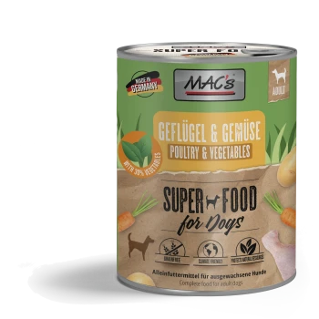 Dosen-Hundefutter, beschriftet 'MAC's Super Food for Dogs', mit Geflügel und Gemüse, getreidefrei, hergestellt in Deutschland, mit einem Gemüseanteil von 30%.