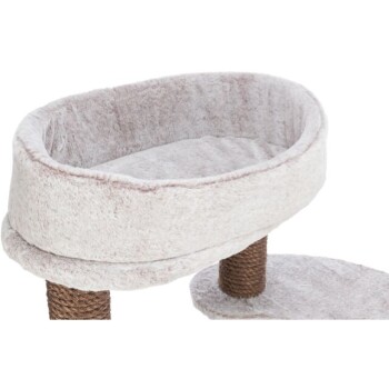 Ein gemütliches, ovales Haustierbett aus weichem, plüschigem Stoff in hellbeige, gestützt von zwei geflochtenen Seilpfosten und einem runden Boden.