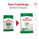 Vergleich der Royal Canin Hundefutterverpackungen: "Mini 12+ Alterung" links, "Mini Alterung 12+" rechts, mit Hervorhebung des neuen Designs und Rezepts.