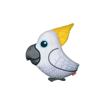 Ein Plüschspielzeug in Form eines Kakadus mit einer gelben Haube, großem blauen Auge und grauem Schnabel, mit einem RedDingo-Tag.