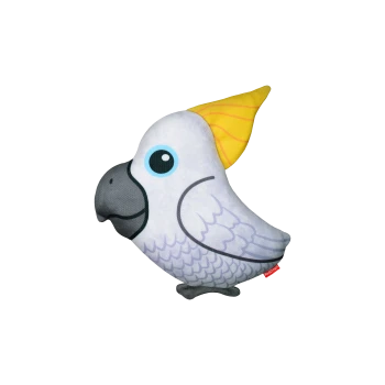 Ein Plüschspielzeug in Form eines Kakadus mit einer gelben Haube, großem blauen Auge und grauem Schnabel, mit einem RedDingo-Tag.