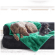 Ein großer brauner Hund und ein kleiner schwarzer Pudel ruhen zusammen auf einer schwarzen Couch, die mit einer leuchtend grünen Decke bedeckt ist.