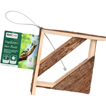 Holz-Vogelfutterspender in Diamantform, mit einem grünen Etikett mit dem Text 'AniOne Wild Variety' und Bildern von Vögeln.