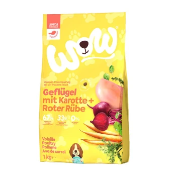 Gelbe "WOW" Hundefuttertüte mit Huhn, Karotten und Rüben; 67% tierisches Protein, 33% pflanzliches Protein, 0% Getreide.