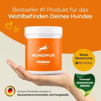 Oranger Behälter mit HundPur-Hundezusatz, gehalten in einer Hand, mit der Aufschrift "Bestseller #1 Produkt für das Wohlbefinden Deines Hundes."