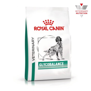 Royal Canin Veterinary GLYCOBALANCE Hundefuttersack mit Illustration eines stehenden Hundes und sichtbarem Text ‚ROYAL CANIN‘ und ‚GLYCOBALANCE‘.