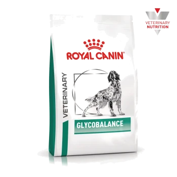 Royal Canin Veterinary GLYCOBALANCE Hundefuttersack mit Illustration eines stehenden Hundes und sichtbarem Text ‚ROYAL CANIN‘ und ‚GLYCOBALANCE‘.