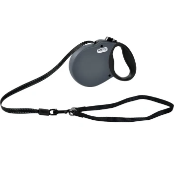 Eine ausziehbare Hundeleine in Grau mit einem bequemen Griff und einem schwarzen Nylonband, mit einem Clip zur Befestigung.