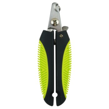 Ein Haustier-Nagelknipser mit einer Klinge aus rostfreiem Stahl und ergonomischem schwarzen und grünen Gummigriff, der für eine einfache Handhabung konzipiert ist.