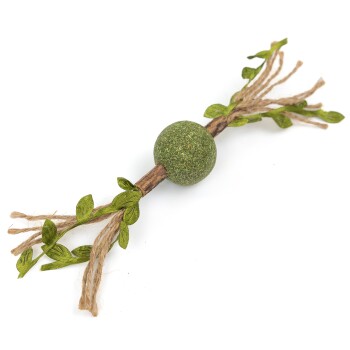 Grünes Haustierspielzeug mit einem runden Ball aus natürlichen Materialien, umgeben von Schnur und dekorativen Blättern.