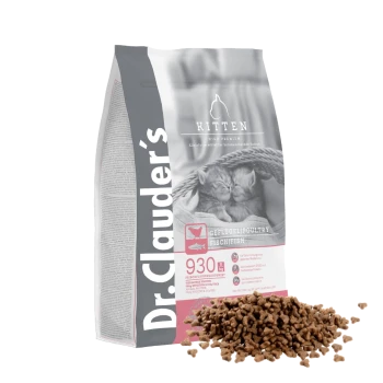 Dr. Clauder's hochwertige Kittenfutter-Tüte mit zwei schlafenden Kätzchen auf der Vorderseite, mit Geflügel- und Fischzutaten, 930g.