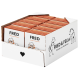 Eine Ausstellungsbox mit mehreren Paketen Haustierfutter, beschriftet "FRED" und "FRED & FELIA", mit verspielten Illustrationen eines Hundes und einer Katze.