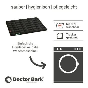 Schwarze Hundedecke von Doctor Bark, beschriftet als waschbar bis 95°C, trocknergeeignet, mit Text, der die einfache Reinigung hervorhebt.