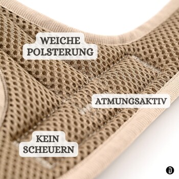 Detail eines beigen, atmungsaktiven Mesh-geschützten, gepolsterten Hundegeschirrs mit den Aufschriften 'WEICHE POLSTERUNG', 'ATMUNGSAKTIV', 'KEIN SCHEUERN'.