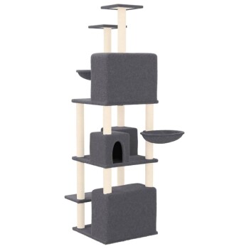 Grauer mehrstöckiger Katzenbaum mit Kratzpfosten, Plattformen und einem gemütlichen Versteck. Ideal zum Klettern und Entspannen.