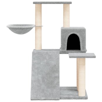 Grauer Katzenbaum mit mehreren Ebenen, einem gemütlichen Versteck, Kratzpfosten und einer hängenden Schüssel zum Spielen.