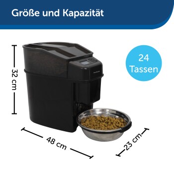 Automatischer Futterspender für Haustiere in Schwarz, 32 cm hoch und 48 cm breit, mit einer Edelstahlschüssel, die 24 Tassen Trockenfutter fasst.
