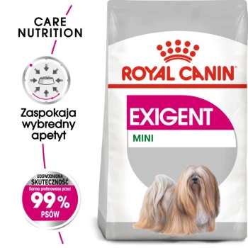 Torba z karmą dla psów Royal Canin Exigent Mini z ilustracją małego psa, z tekstem podkreślającym 'Care Nutrition' i '99% psów to preferuje.'