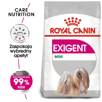 Torba z karmą dla psów Royal Canin Exigent Mini z ilustracją małego psa, z tekstem podkreślającym 'Care Nutrition' i '99% psów to preferuje.'