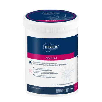 Behälter von navalis doloral, einem Ergänzungsmittel für Pferde, mit Text in Deutsch und Englisch über die Unterstützung eines flexiblen Bewegungsapparates.