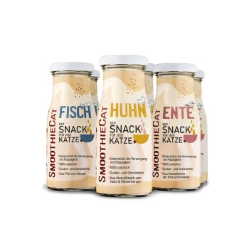 Vier Flaschen SmoothieCat Snacks für Katzen, beschriftet mit "FISCH", "HUHN" und "ENTE", mit Text über natürliche Zutaten und Unterstützung der Hydration.