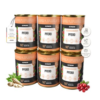 Sechs Dosen Pferdefutter mit der Aufschrift "Pferdeschmaus" mit Zutaten aus Pastinaken und Cranberries, mit einem Design in Premiumqualität.