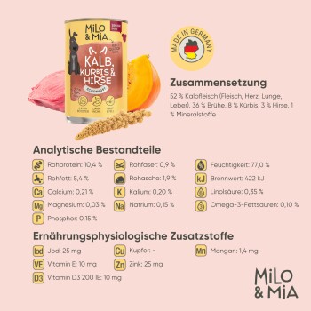 Dose Milo & Mia Hundefutter mit Rindfleisch, Kürbis und Hirse, mit Zutaten und Nährwertinformationen auf Deutsch, beschriftet "Made in Germany."