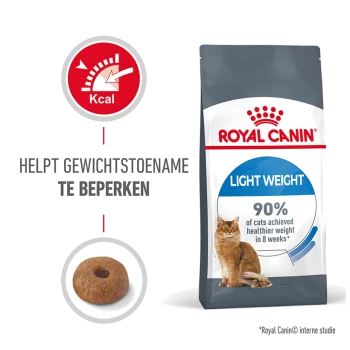 Royal Canin Light Weight kattenvoerzak met een bruine brok, met tekst die stelt "90% van de katten bereikte een gezonder gewicht in 8 weken."