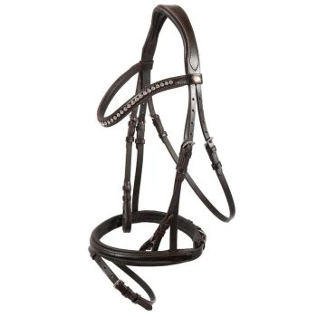 Braunes Lederpferdegeschirr mit dekorativen Strasssteinen, mit mehreren Riemen und Schnallen zur Anpassung.