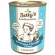 Dose mit Betty's Landhausküche Katzenfutter mit Känguru und Kartoffel, mit einer Grafik einer Frau, die kocht, und einer Katze neben ihr.