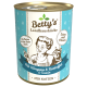 Dose mit Betty's Landhausküche Katzenfutter mit Känguru und Kartoffel, mit einer Grafik einer Frau, die kocht, und einer Katze neben ihr.
