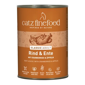 Puszka Catz finefood Classic Adult "Rind & Ente" (wołowina i kaczka) z żurawinami i jabłkami, pomarańczowa etykieta.