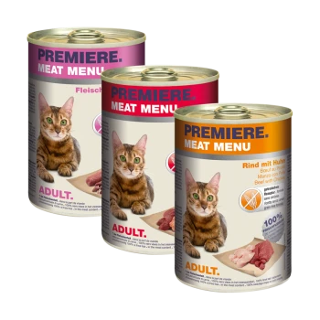 Drei Dosen "Premiere Meat Menu" Katzenfutter für Erwachsene, mit einer getigerten Katze und Geschmacksrichtungen von Rindfleisch mit Huhn und verschiedenen Fleischsorten.