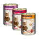 Drei Dosen "Premiere Meat Menu" Katzenfutter für Erwachsene, mit einer getigerten Katze und Geschmacksrichtungen von Rindfleisch mit Huhn und verschiedenen Fleischsorten.