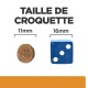 Image comparant les tailles de croquettes pour animaux de compagnie : une croquette ronde (11 mm) à côté d'un dé bleu (16 mm) avec le texte "TAILLE DE CROQUETTE."
