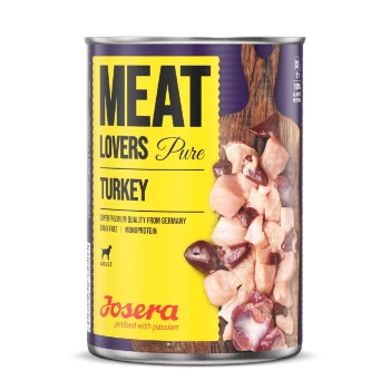 Dosenfutter für Haustiere, beschriftet mit "Meat Lovers Pure Turkey", mit Putenstücken, getreidefrei und "Super Premium Qualität aus Deutschland."