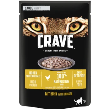 Crave Katzenfutterbeutel mit einer Schüssel Hähnchen in Soße, mit Text, der hohen Proteingehalt, getreidefrei und aus 100% natürlichem Hähnchen hergestellt hervorhebt.