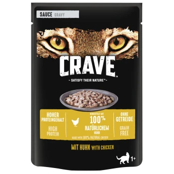 Crave kattenvoer zakje met een kom kip in jus, met tekst die hoge eiwitten, graanvrij en gemaakt met 100% natuurlijke kip benadrukt.