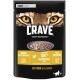 Crave Katzenfutterbeutel mit einer Schüssel Hähnchen in Soße, mit Text, der hohen Proteingehalt, getreidefrei und aus 100% natürlichem Hähnchen hergestellt hervorhebt.