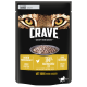 Crave Katzenfutterbeutel mit einer Schüssel Hähnchen in Soße, mit Text, der hohen Proteingehalt, getreidefrei und aus 100% natürlichem Hähnchen hergestellt hervorhebt.