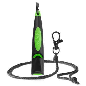 Schwarze und grüne ACME 211,5 Hundepfeife mit angebrachtem schwarzem geflochtenem Lanyard und Clip.