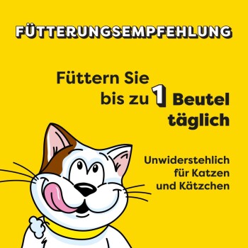 Fütterungsempfehlung auf Deutsch mit einer Cartoon-Katze, die sich auf gelbem Hintergrund die Lippen leckt, Fütterung bis zu 1 Beutel täglich.