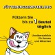 Fütterungsempfehlung auf Deutsch mit einer Cartoon-Katze, die sich auf gelbem Hintergrund die Lippen leckt, Fütterung bis zu 1 Beutel täglich.